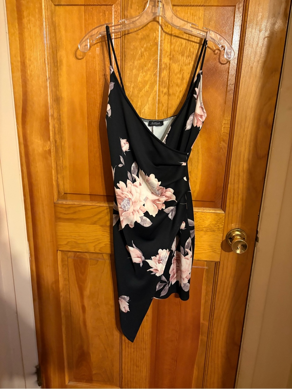 Kimcine Floral Wrap Slip Dress - Black with Pink Blooms